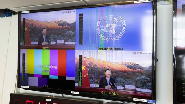 Le président chinois Xi Jinping s'adressant à l'ONU par liaison vidéo (Crédit photo, EPA)