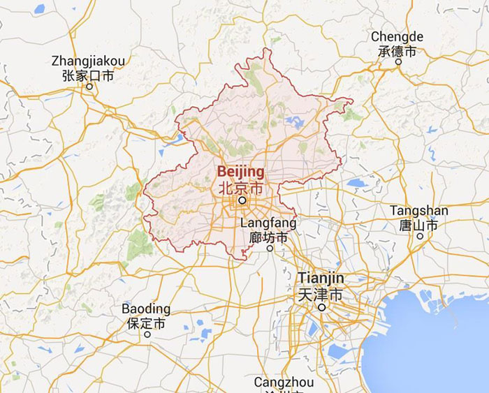 Figure 2. Google Map of Beijing, China. Beijing, the capital of China, is located in the northeast corner of the country. Map data ©2015 Google. Public Domain.