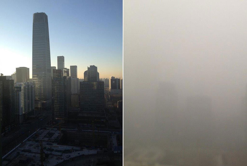 Figure 3. These side by side images show the severity of air pollution in Beijing. (Left) Beijing on a clear day. (Right) Beijing in February, 2013 from the same view when Beijing was experiencing dangerously poor air quality. Photograph by Bill Bishop, 2013. CC BY-NC 2.0.