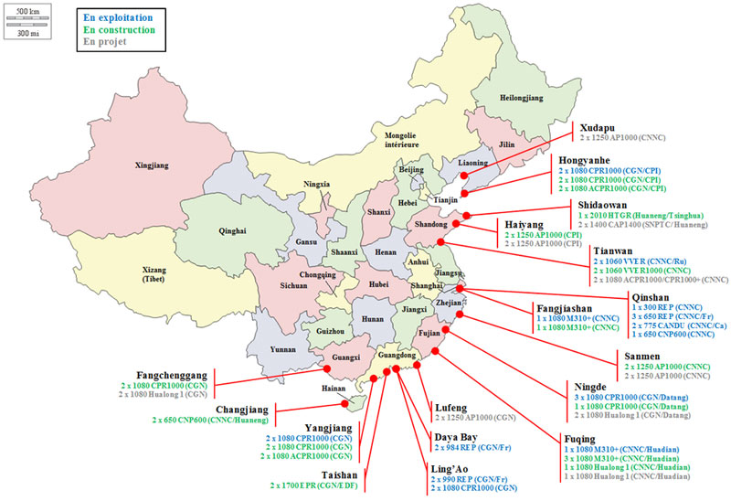 carte des centrales nucléaires chinoises en exploitation, en construction ainsi que les projets de centrales dont les démarches sont à un stade avancé, en août 2015