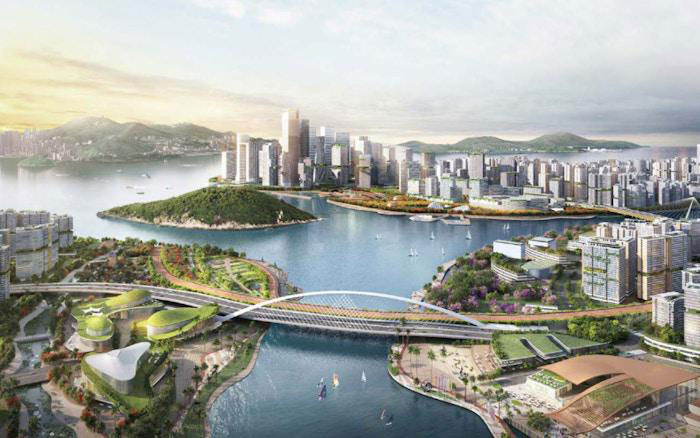 An artist's impression of the Kau Yi Chau artificial islands in Hong Kong. The islands will cover 1,000 hectares of land. Environmentalists worry about the impact of the land reclamation on the ecology and water quality. Image: centralwaters.hk 